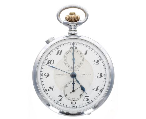 Leonidas 'Camerer Cuss & Co.' centre split seconds chronograph chrome cased lever pocket watch, signed frosted movement, sign