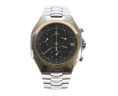 Omega Seamaster Polaris chronograph stainless steel and gold gentleman's wristwatch for repair, black dial, Omega bracelet, q