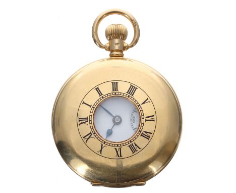 Omega 18ct half hunter lever pocket watch, Birmingham 1921, signed gilt frosted movement, no. 5628737, with compensated balan
