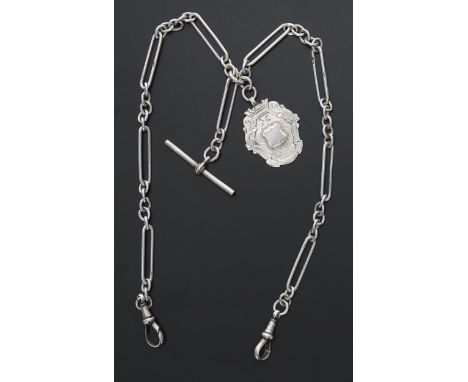 Silver Figaro link double watch Albert chain with inscribed silver medallion fob, two silver clasps and silver T-bar, 15.5'' 