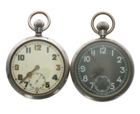 Two British Military Army issue nickel cased lever pocket watches,&nbsp;with Military arrows and issue markings 'G.S.T.P. 128