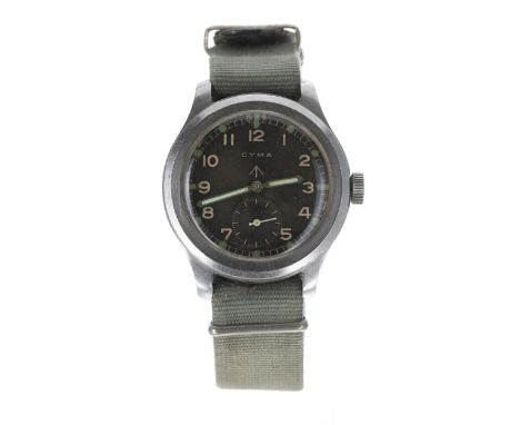 Cyma British Military issue stainless steel gentleman's wristwatch, circa 1940s, circular black dial of a tropical appearance