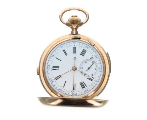 Good Swiss 18ct quarter repeating chronograph hunter pocket watch, unsigned  lever movement, with compensated balance, regula