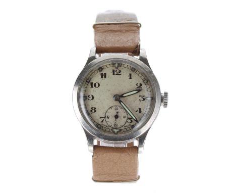WWII British Military Army issue stainless steel wristwatch, case no. 223xxx, silvered dial with Arabic numerals, minute trac