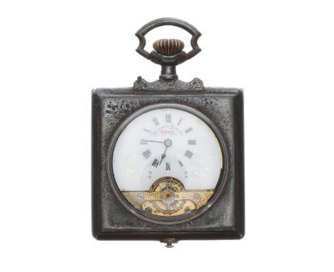Hebdomas 8 days square cased gunmetal pocket watch, enamel dial with Roman numerals and visible balance, hinged case back, 47