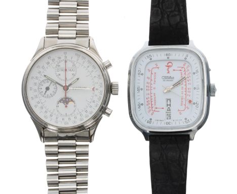 Russian rectangular cased stainless steel gentleman's wristwatch, white dial, 26 jewel, black leather strap, 37mm; together w