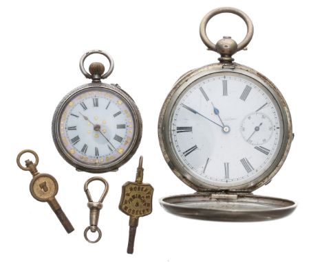 Silver (0.800) cylinder hunter engine turned pocket watch in need of repair, 49mm, key; together with a silver 0.935 cylinder