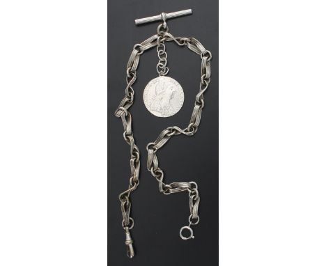 Fancy silver twist link double watch Albert chain, with 1787 George III shilling, T-bar, clasp and silver loop, 14.25'' long 