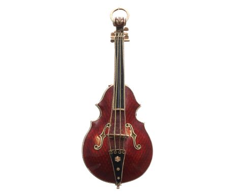 Fine antique novelty gold and red enamel verge fob watch in the form of a double bass, the enamel case with decorated hinged 