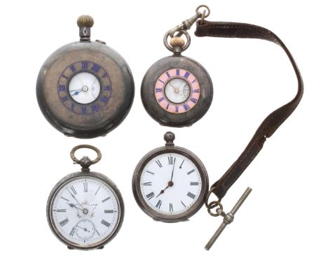 Silver lever half hunter pocket watch for repair, 50mm; together with a J.W. Benson silver and pink enamel lever half hunter 