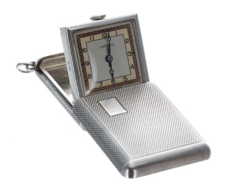 Vertex silver engine turned purse watch, import hallmarks for London 1937, signed square dial with Arabic numerals, 15 jewels
