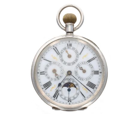 Silver calendar moon phase lever pocket watch, import hallmarks Glasgow 1913, the dial with Roman numerals, minute track and 
