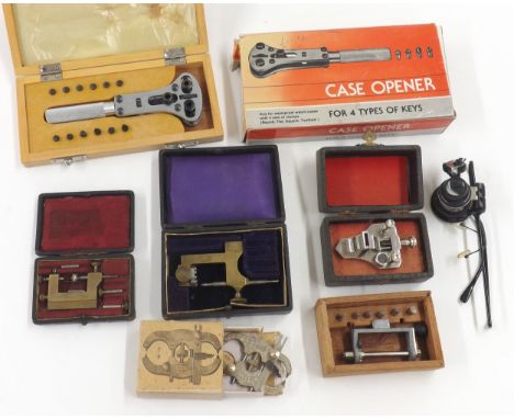 Selection of cased watchmakers tools to include a wristwatch case opener, poising tool, magnifier etc&nbsp; 