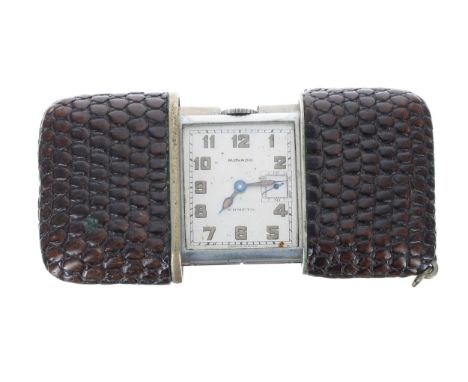 Movado Ermeto lizard/snake skin purse watch, signed square silvered dial with Arabic numerals, minute track and square subsid