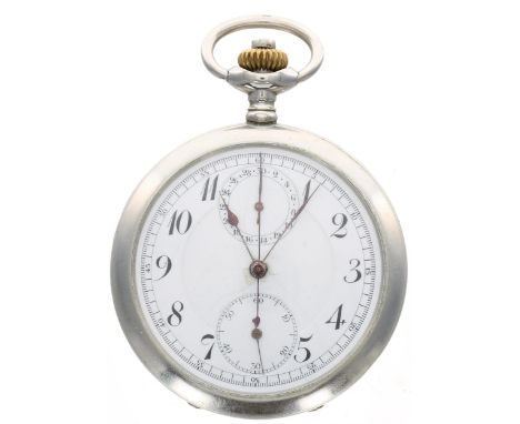 Swiss nickel cased centre seconds chronograph lever pocket watch, gilt frosted movement, the dial with Arabic numerals, minut