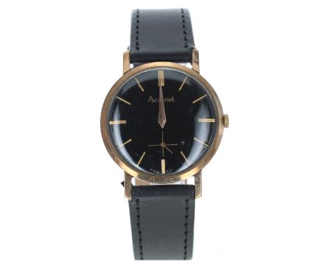Accurist 9ct gentleman's wristwatch,  Edinburgh 1958, black dial with baton markers and subsidiary seconds dial, dauphine han