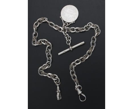 Silver loop-link double watch Albert chain, with 1893 one shilling, silver T-bar and two silver clasps, 14.75'' long approx, 