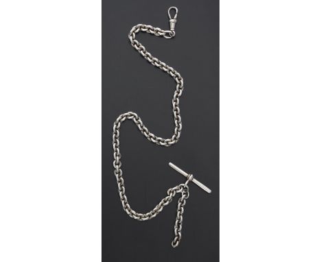 Silver watch Albert chain with silver T-bar and clasp,&nbsp;the links bearing hallmarks, 13.75'' long approx, 34.2gm 