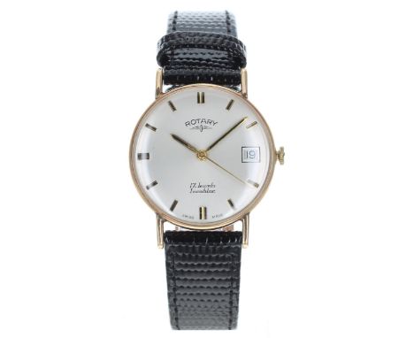 Rotary 9ct gentleman's wristwatch, London 1968, the dial with centre seconds and date aperture, 17 jewels, black strap, 31mm-