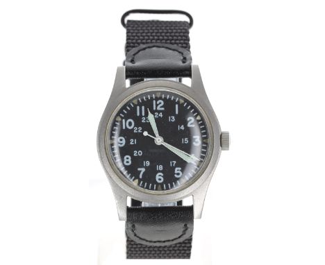 Hamilton US Military stainless steel wristwatch, black dial with Arabic numerals, inner 24-hour chapter, minute markers and c