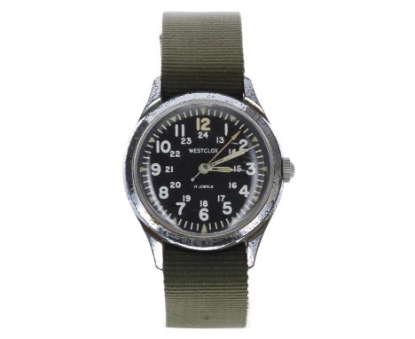 Westclox Military chrome plated and stainless steel gentleman's wristwatch, black dial with Arabic numerals, inner 24-hour ch