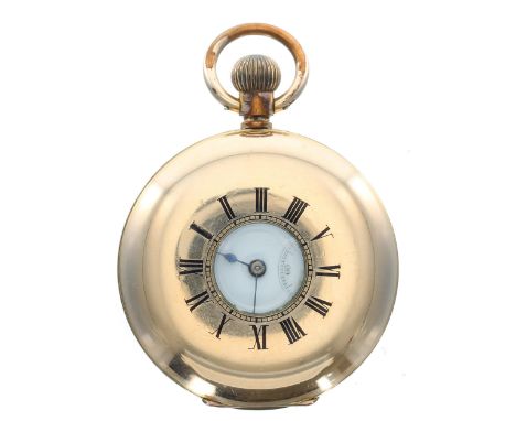 Gold filled lever set half hunter pocket watch, unsigned gilt frosted movement, unsigned dial, blued steel hands, within a pl