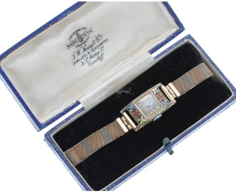 Attractive Germinal 18ct and enamel lady's wristwatch, signed rectangular silvered dial with Arabic numerals and inner minute