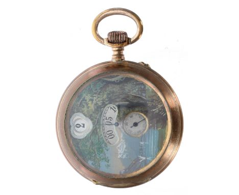 Continental cylinder digital pocket watch, gilt frosted movement, inscribed cuvette, the dial depicting a lake and forest sce