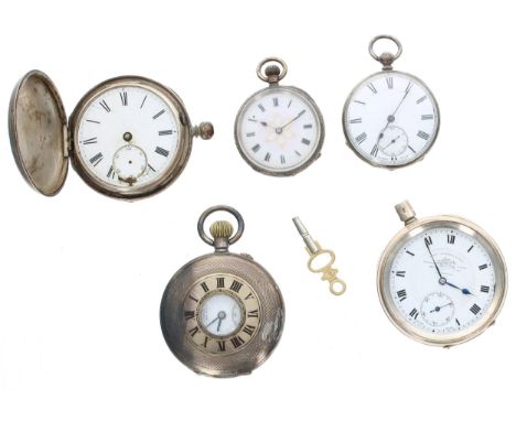Silver fusee lever hunter pocket watch for repair; together with a silver fusee lever half hunter pocket watch for repair; Th