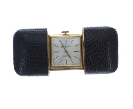 Mappin Art Deco gold plated purse watch, signed square silvered dial within a snake skin bound sliding case, 17 jewels, 54mm 