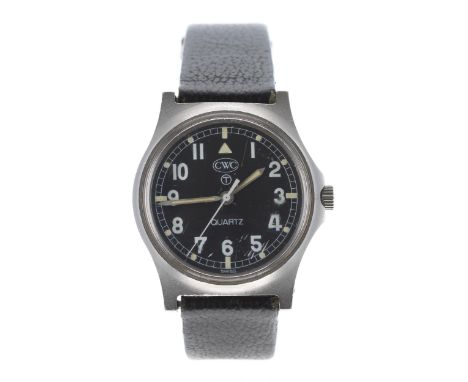CWC Quartz British Military Army issue stainless steel gentleman's wristwatch, circa 1982, black dial with Arabic numerals, m