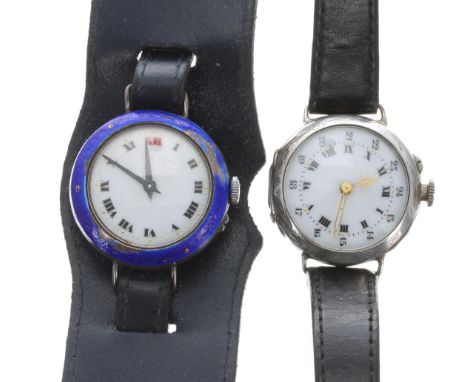 Silver cylinder engraved wire-lug lady's wristwatch, white enamel dial, modern black leather strap, 31mm (at fault); together
