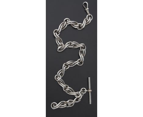 Heavy silver twist link watch Albert chain, with silver T-bar and clasp, each link hallmarked, 13.5'' long approx, 68.5gm 