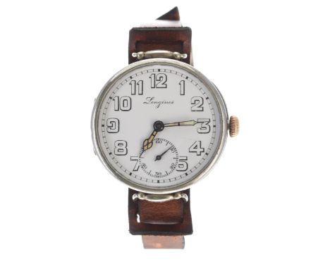 Longines oversized officer's swing wire-lug trench watch, serial no. 3205xxx, circa 1914, the signed white enamel dial with A
