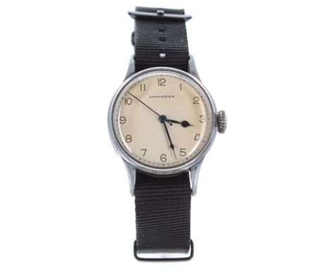 Longines British Military RAF pilots wristwatch, serial no. 66202xx, circa 1943, signed silvered dial with Arabic numerals an