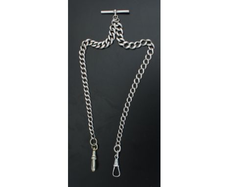 Silver curb graduated double watch Albert chain, with T-bar and two clasps, 15.25'' long approx, 29.7gm-clasps are plated 