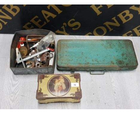 MIXED TOOLS INCLUDING RATCHET SET AND VINTAGE BISCUIT TIN BOX