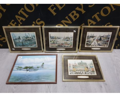 4 FRAMED LS LOWRY PRINTS AND 1 PRINT OF MOSQUITO AIRPLANE