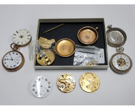 A SELECTION OF POCKET WATCHES AND PARTS INCLUDING GOLD PLATED DENNISON WATCHCASE CO FULL CASES POINTERS COGS