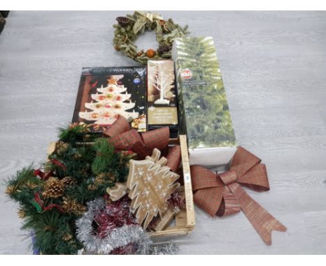 CHRISTMAS DECORATIONS TO INCLUDE 5FT TREE LIGHT UP WOODEN TREE WREATHS BOWS ETC