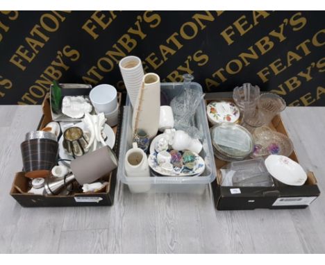 CERAMICS AND GLASS TO INCLUDE AYNSLEY MASONS IRONSTONE EVESHAM PATTERN TUREEN DECANTER VASES PAPERWEIGHTS ETC IN THREE BOXES