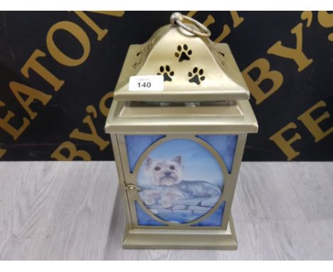 A MODERN LANTERN WITH YORKSHIRE TERRIER PANELS AND PAW PRINT PIERCED DECORATION 35CM HIGH