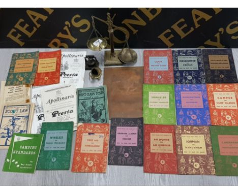 QUANTITY OF VINTAGE SCOUT BADGE BOOKS TOGETHER WITH BRASS SCALES AND COPPER PLAQUE WITH ETCHED HORSE RIDER ETC