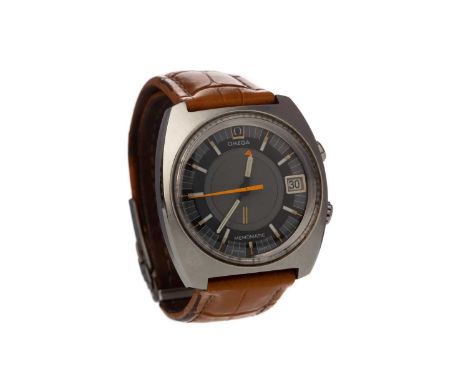 GENTLEMAN'S OMEGA MEMOMATIC STAINLESS STEEL AUTOMATIC WRIST WATCH,circa 1970s, the black, grey and orange dial with applied b