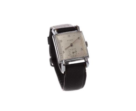 GENTLEMAN'S CYMA STAINLESS STEEL MANUAL WIND WRIST WATCH,the square silvered dial with dot and Arabic hour markers, outer sec