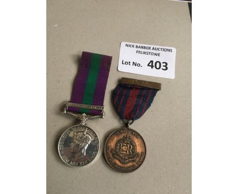 Militaria : Medals - GSM Palestine 1945-48 14463682 Pte K J W Redrup R.M.P. and a EIIR RMP Chichester Walk medal 1979 likely 