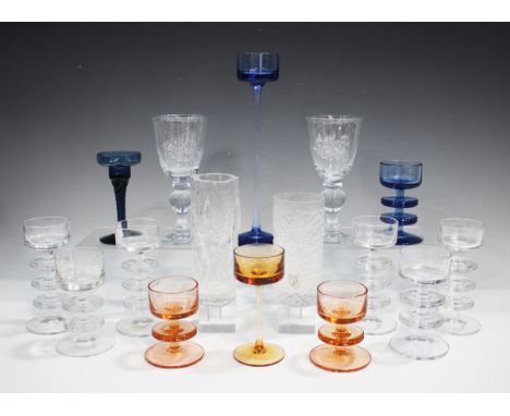 A small group of Wedgwood glassware, designed by Ronald Stennett-Wilson, including a pair of amber Sheringham candlesticks, h