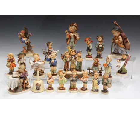 Twenty-one Goebel Hummel figures, including limited edition Travelling Trio, with wooden stand and certificate, together with