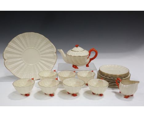 A Belleek Neptune pattern part tea service, third black mark, 1926-46, with coral coloured handles, feet and finials, compris