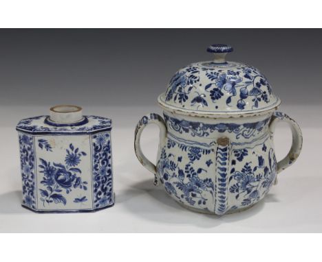 An English Delft posset pot and cover, circa 1720, probably London or Bristol, the baluster body with domed cover, painted in